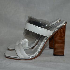 Sz 37 6.5 Barbara Bui White Leather Clear PVC Block Brown 4" Heels